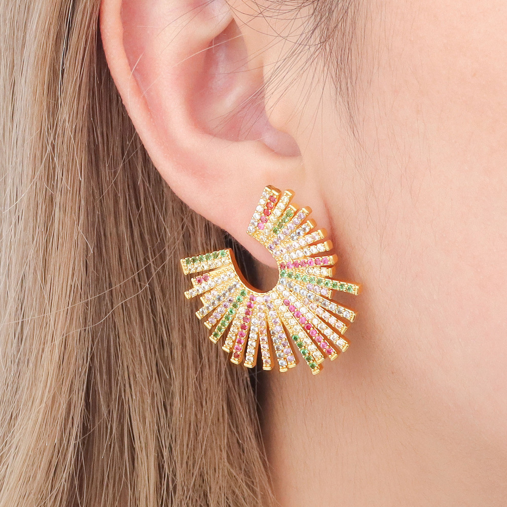 Exaggerated Geometric Mixed Color Zircon Inlaid Gold Plated Earrings Fashionable Personality U-Shaped Jewelry Accessories