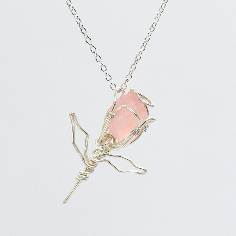 Handmade Silver Thread Pendant Natural Crystal Raw Stone Rose Shape Necklace Jewelry Accessories Factory Geometric Pattern Polished Rhodium Plated