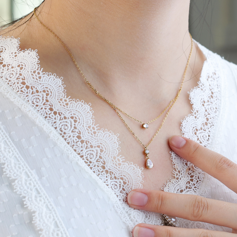 New Smart Water Drop Diamond Necklace Stainless Steel Plated 18K Gold Double Layer Clavicle Chain Autumn And Winter Sweater Coat Accessories