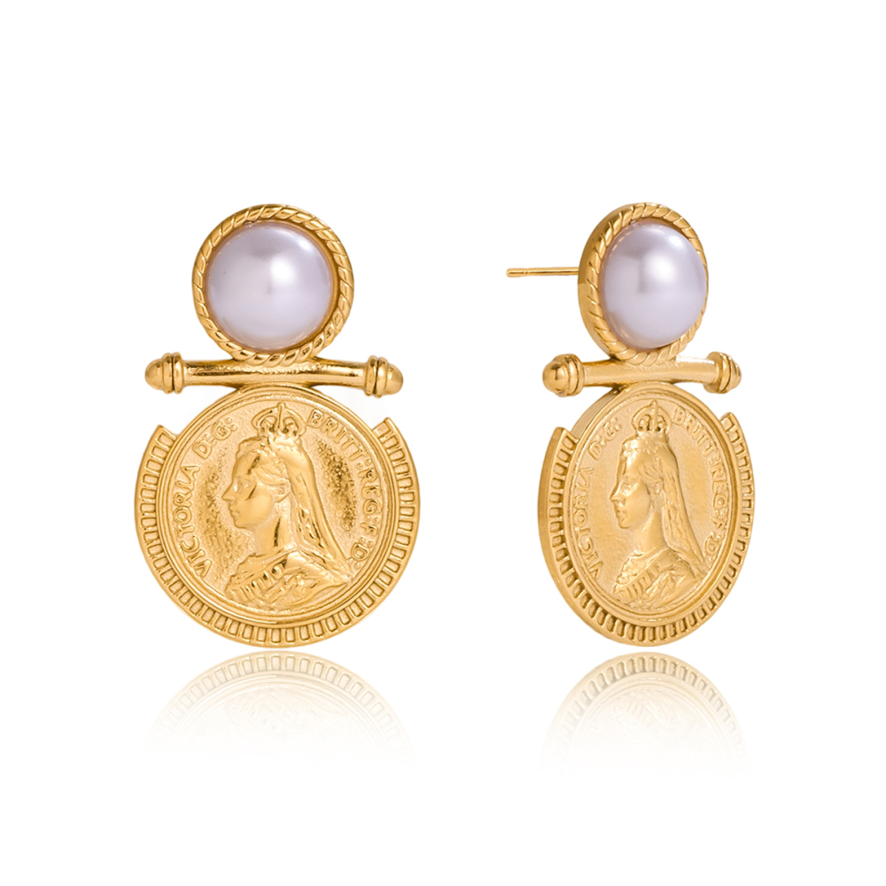 Women's Classic 18K Gold 304 Stainless Steel Resin Pearl Coin Portrait Earrings Fashion Jewelry Accessories Pair