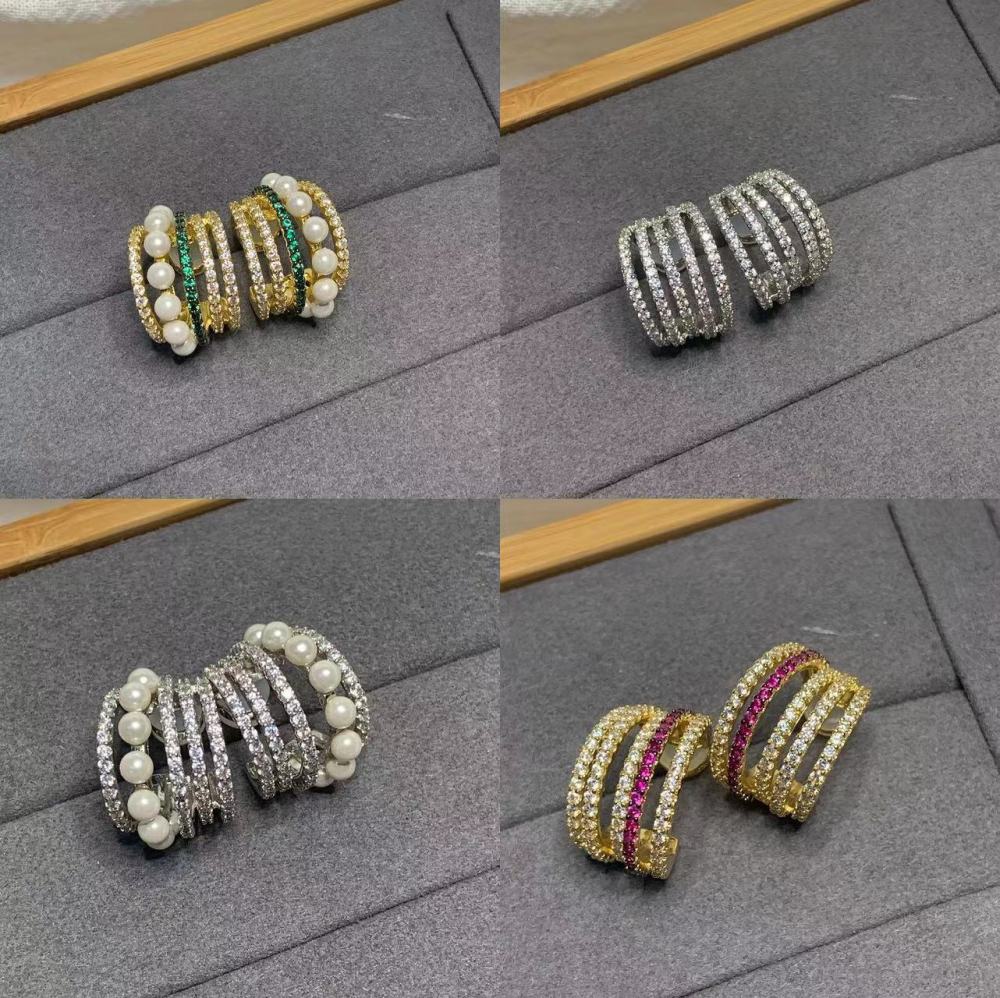 Elegant French Pearl Stud Earrings Women's Diamond Embedded Line Multi-circle Pearl Hoops Stylish Fashion Jewelry Accessories