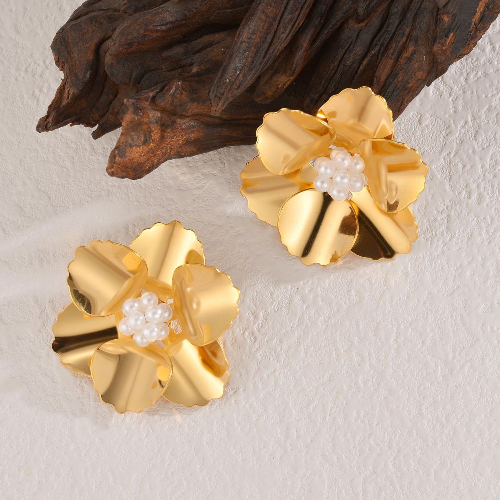 Vintage Stainless Steel 18K Gold Plated Flower Earrings Non-Fading Women's Jewelry Accessories