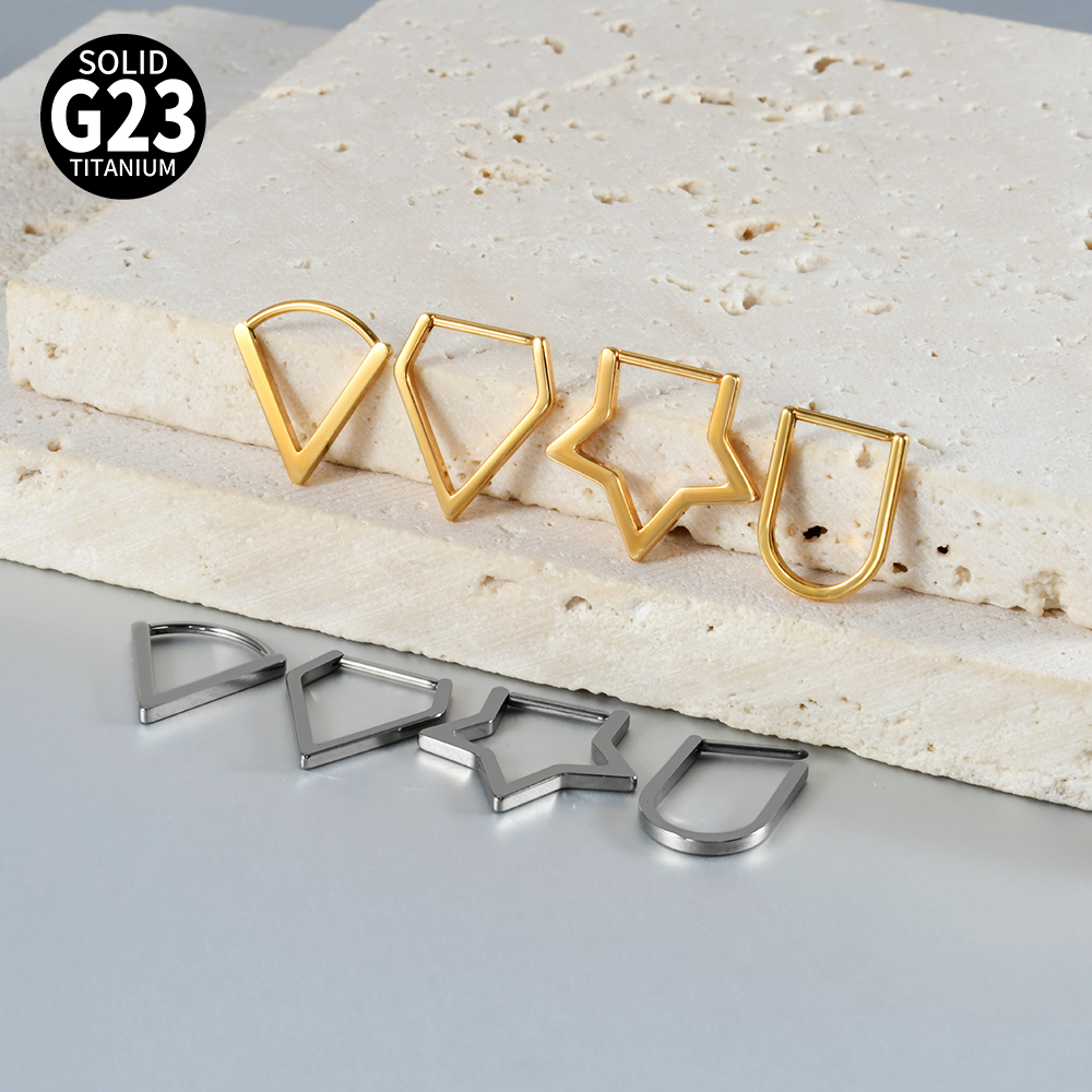 G23 Titanium Geometric Five-Star Earrings Split Ring U-Shaped V-Shaped Trendy Accessories Diamond Gold Split Ring Nose Ring Piercing Jewelry 18G
