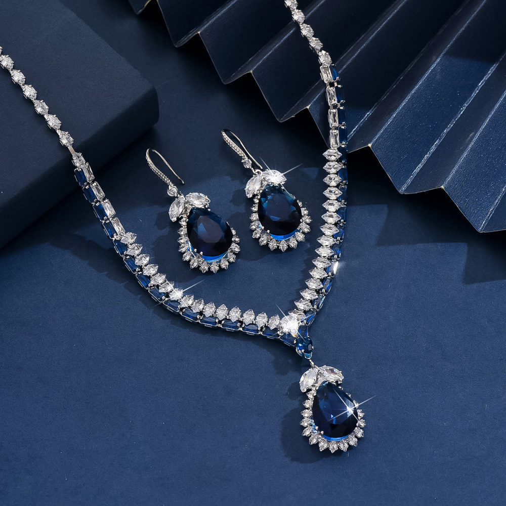 Elegant Blue Drop Pendant Earrings And Necklace Wedding Jewelry Set For Women Fashionable Bridal Accessories With Zirconia