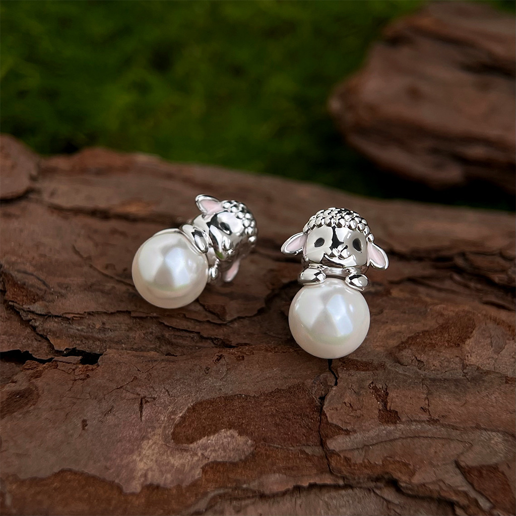 Original Cute Sheep Ear Studs Thick Plated Real Gold Color Retention S925 Silver Needle Glass Pearl Women's Fun Fashion Jewelry