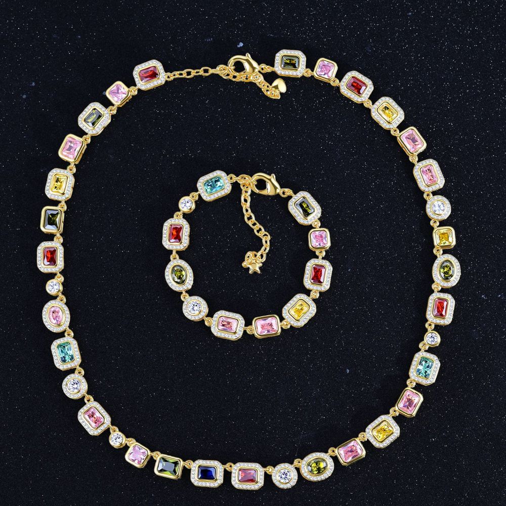 Colorful Gemstone Jewelry Set For Men And Women Hip Hop Style Zircon Necklace And Bracelet Popular Trendy Jewelry Accessories