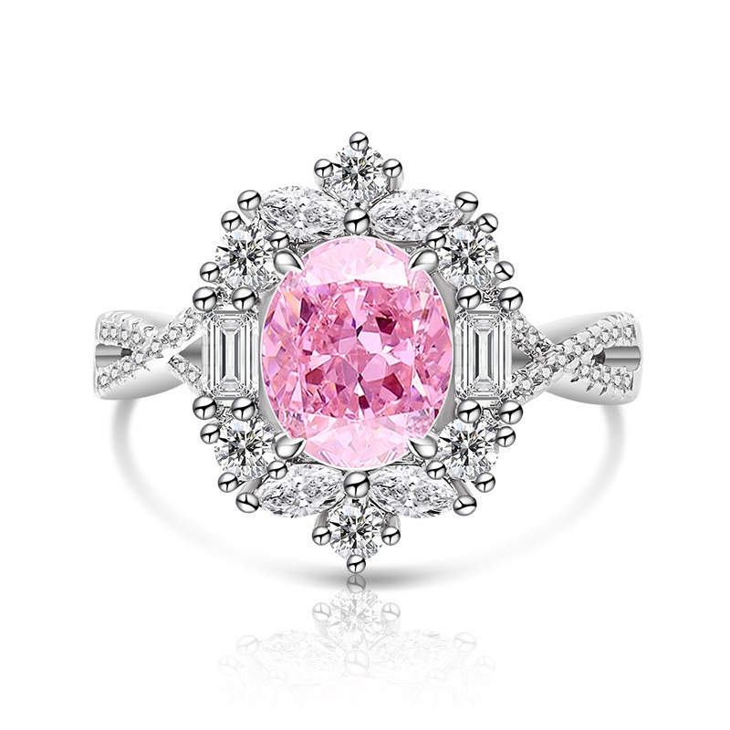 Luxurious High Carbon Diamond 7x9 Pigeon Egg Ice Flower Cut Plated Platinum Ring Fashion Geometric Pattern Live Direct Sale