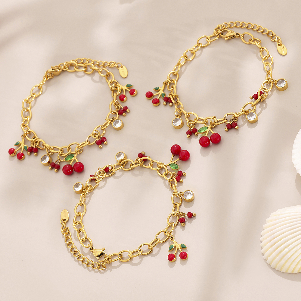 Stainless Steel Cherry Red Pearl Zirconia 18K Gold Plated Bracelet Necklace Set Versatile Personality Jewelry Accessories