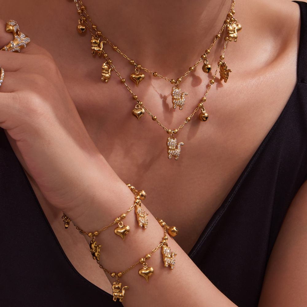 Stainless Steel Cat Zircon Necklace Bracelet DIY Multi Pendant Heart Bell Luxury Versatile Jewelry Accessories Elegant Romantic