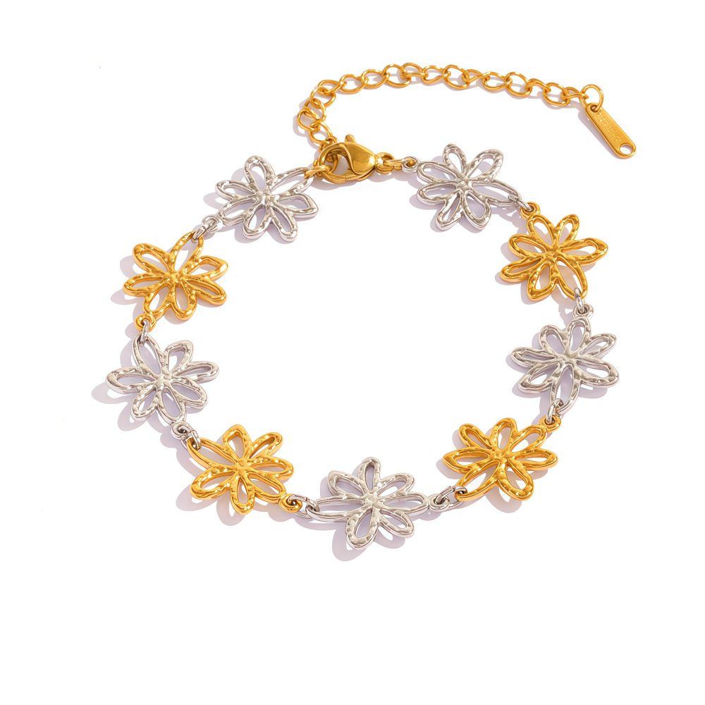 18K Gold Plated 304 Stainless Steel Vacuum Electroplating (In Furnace) Vintage Floral Waterproof Non-Fading Asymmetric Three-Dimensional Handmade Chain Women's Bracelet Jewelry Accessories