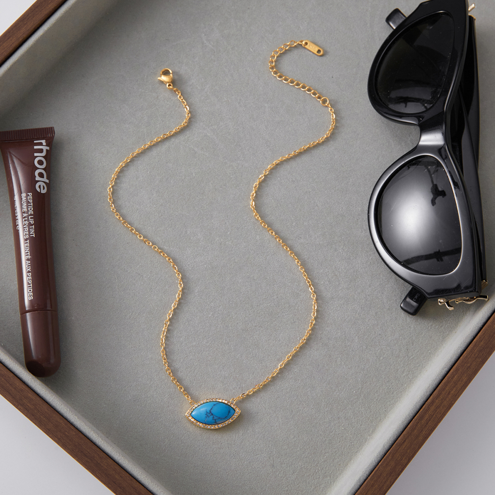 Ladies Vintage Style 18K Gold Plated Stainless Steel Turquoise Evil Eye Pendant Necklace Blue Lapis Lazuli Devil Eye Jewelry