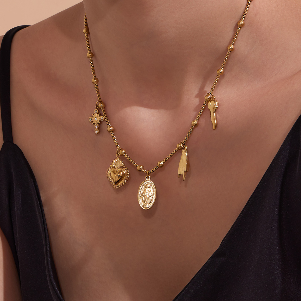 Stainless Steel DIY Multi-Parts Pendant Necklace Cross Heart Oval Jewelry Accessories 18K Gold Plated Versatile Jewelry