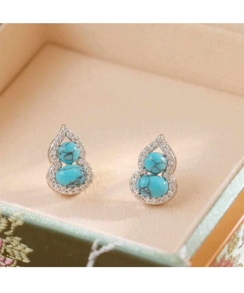 New Chinese Style Green Turquoise Gourd Earrings Bohemian Print Copper Jewelry 925 Silver Post Unique Design Women's Fashion