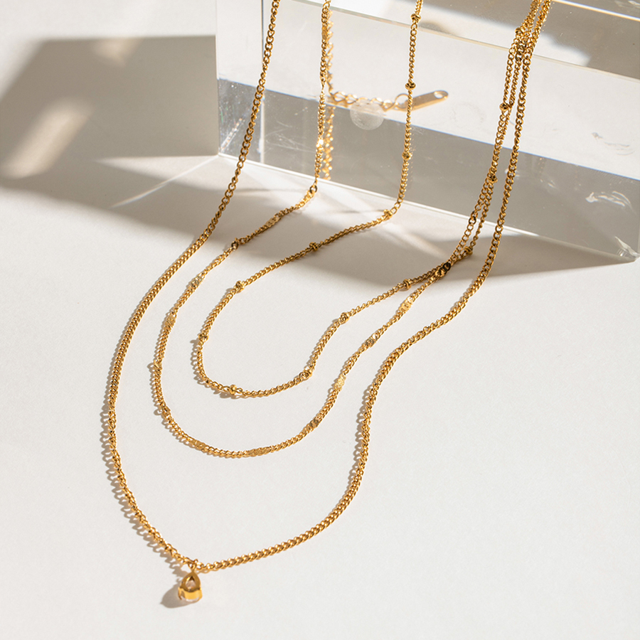 304 Stainless Steel Geometric PVD Coated 18K Real Gold Plated Simple Style Classic Style Cable Chain Three Layer Necklace
