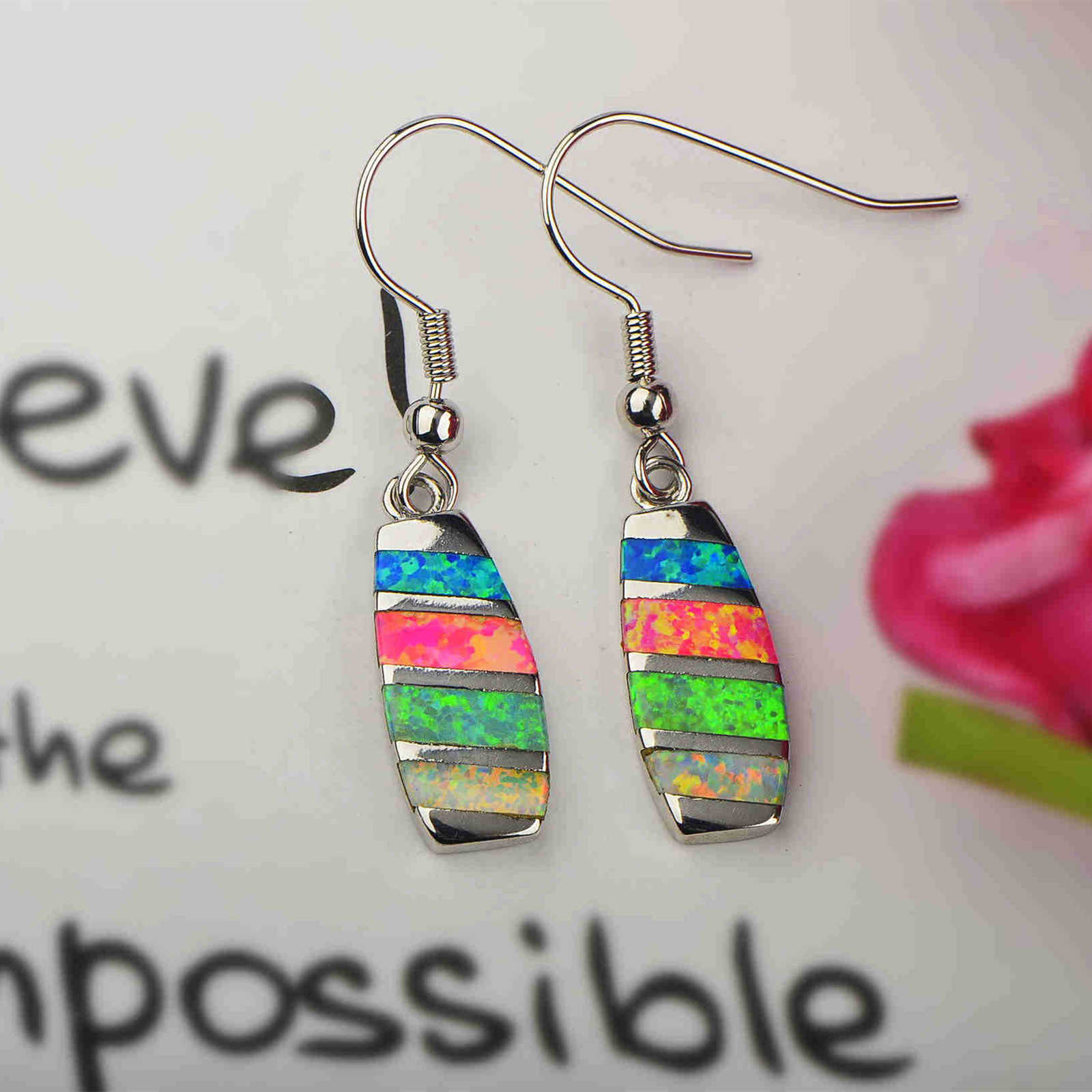 Colorful Women's Opal Long Rectangle Simple Style Jewelry Earrings Fashionable TikTok Ins European Style Jewelry Accessories
