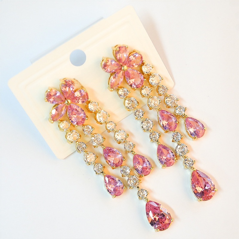 Royal Style Long European Diamond Inlaid Flower Petal Tassel Water Plated Imitation Gold Geometric Pattern Earrings Women's Fashion Jewelry Accessories