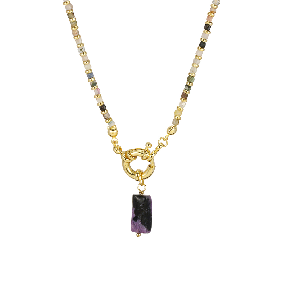 Vacation Classic Style Geometric Semi-precious Stone Tourmaline Copper Beaded Chain Pendant Necklace In Bulk