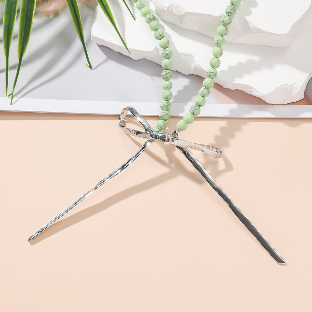 Suitable For Spring And Summer Season Metal Bowknot Collarbone Chain Black Line Turquoise Beaded Necklace Women's Jewelry Accessories