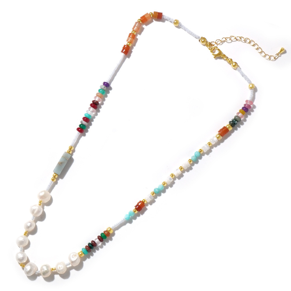 Multi-color Natural Stone Stitching Freshwater Pearl Necklace Ladies Lightweight Accessories Casual