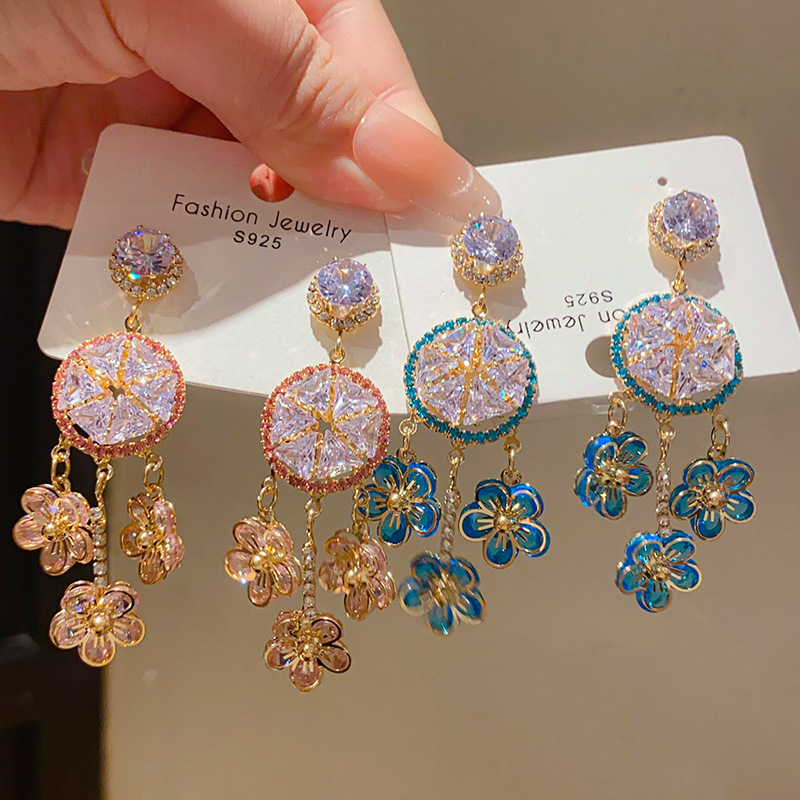 Fashionable French Vintage Silver Needle Zircon Flower Tassel Earrings Luxury Feelings Women's Jewelry Accessories