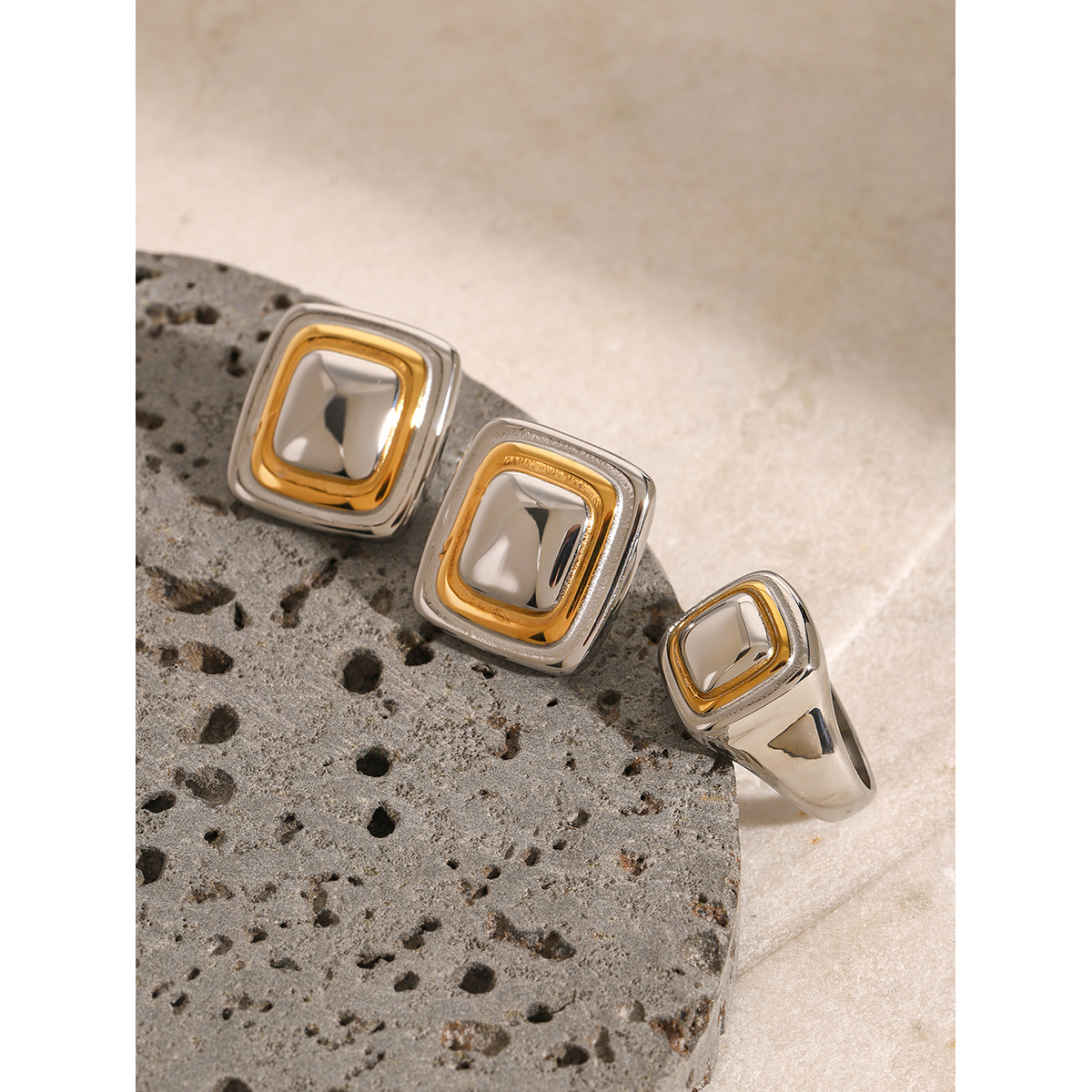 304 Stainless Steel Square PVD Coated 18K Real Gold Plated Vintage Style Classic Style Mixed Metal Rings Earrings