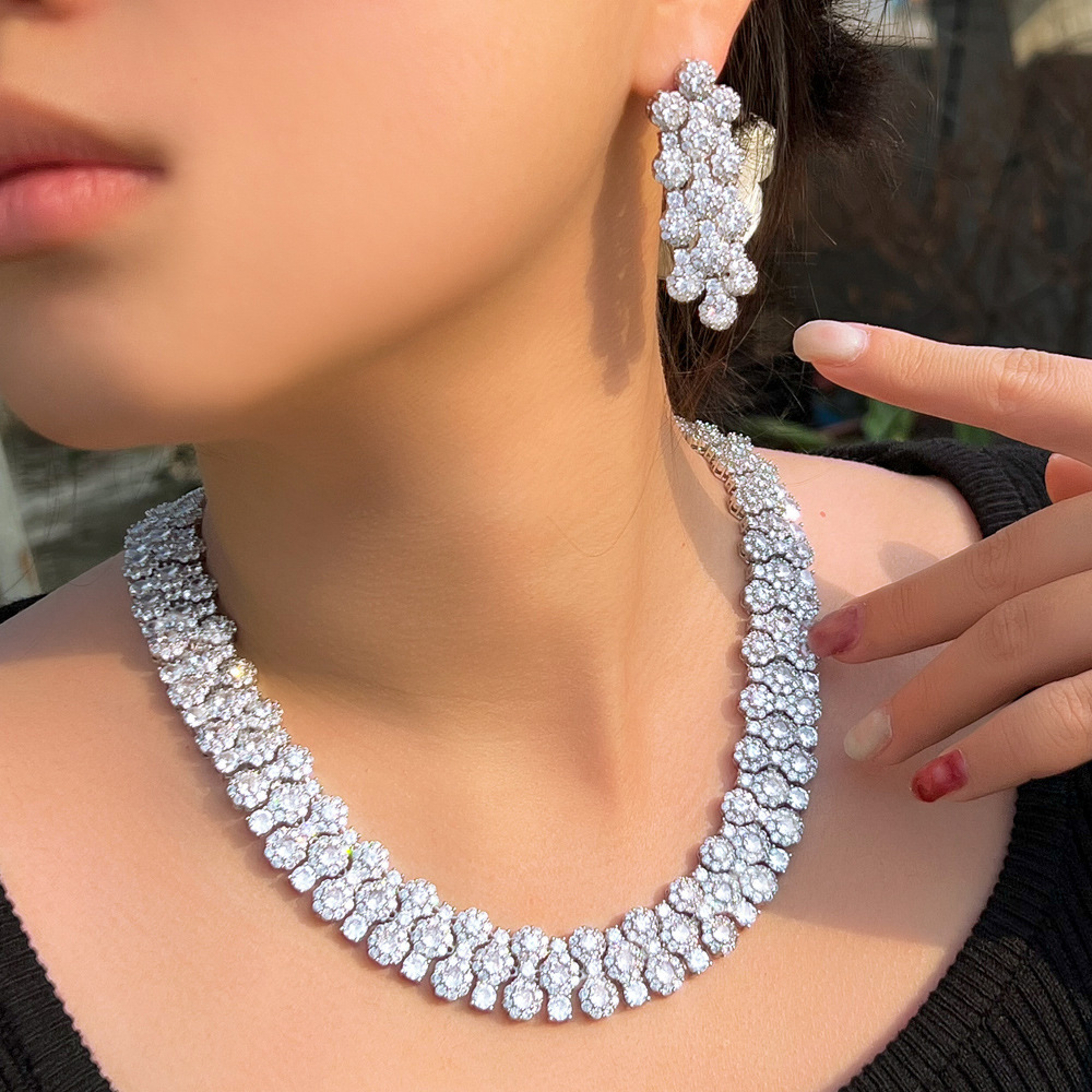 Copper Square Water Droplets Electroplating Zircon Palladium Plating Elegant Bridal Inlay Silver Jewelry Set