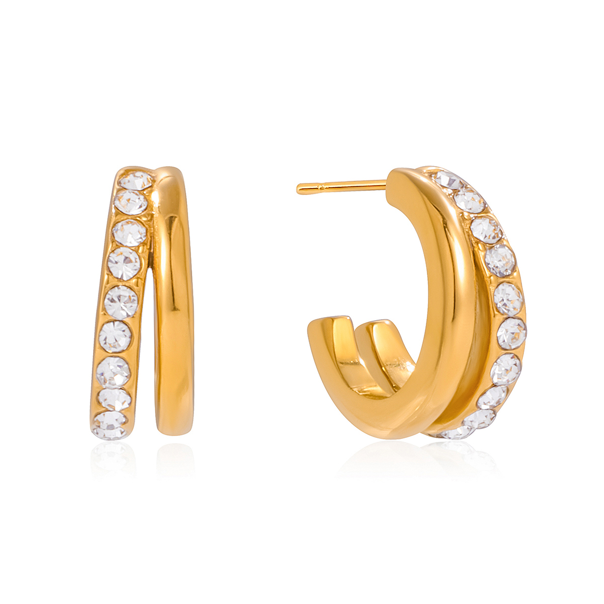 Women's Classic Style 18K Gold Stainless Steel + Zircon White Zircon Double Layer Hollow C Hoop Earrings Pair