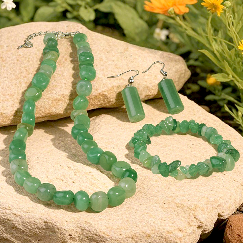 Chinese Style Natural Stone Crystal Beaded Necklace Women's Jewelry Set Green Dongling Earrings Bracelet Geometric Pattern Fashion Accessories