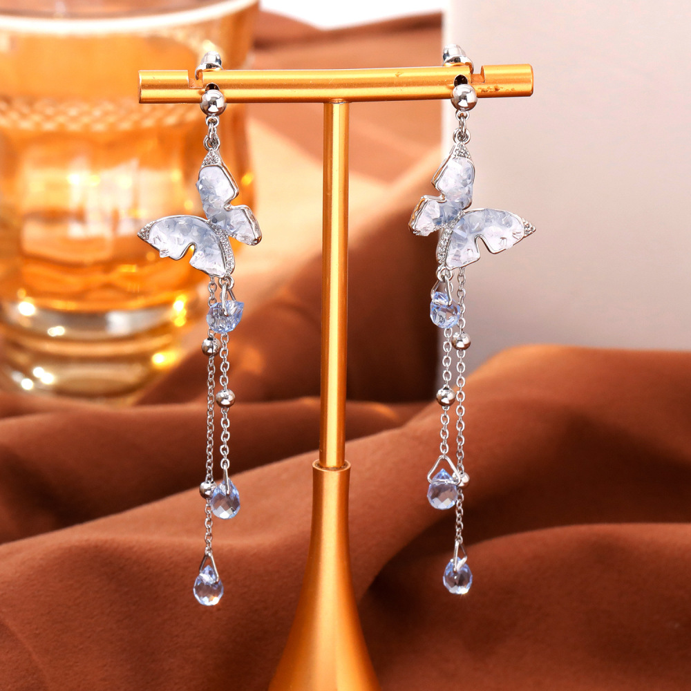 Luxurious Gradient Crystal Butterfly Waterdrop Tassel Earrings Fashion Sweet Personality Round Face Women's Jewelry Accessories