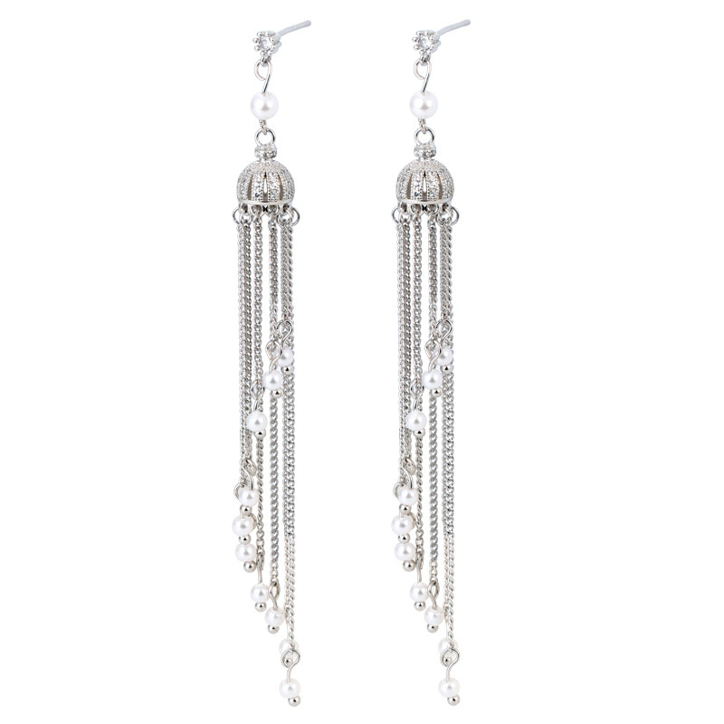 Long Tassel Pearl Crown Earrings Women's Accessories Multi-functional Copper Material Rose Gold Plated Minimalist