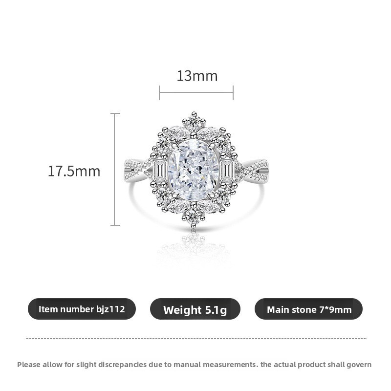 Luxurious High Carbon Diamond 7x9 Pigeon Egg Ice Flower Cut Plated Platinum Ring Fashion Geometric Pattern Live Direct Sale