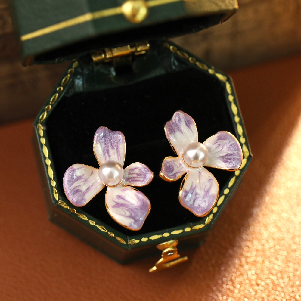 Retro Bohemian Pearl Earrings Painted Frame Enamel Color Floral Design Fashionable Luxury Artistic Women's Jewelry Accessories