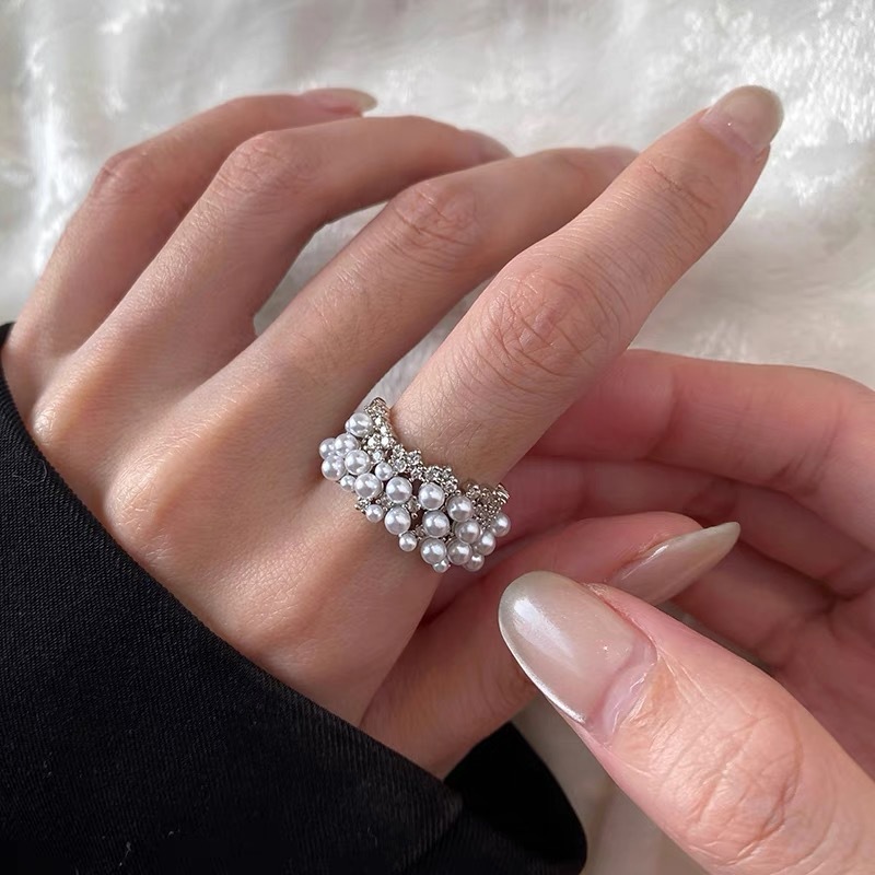 French Entry Lux Special-Interest Design Starry Inlaid Pearl Ring Copper Plated Real Gold Temperament Wild Switchable Index Finger Ring
