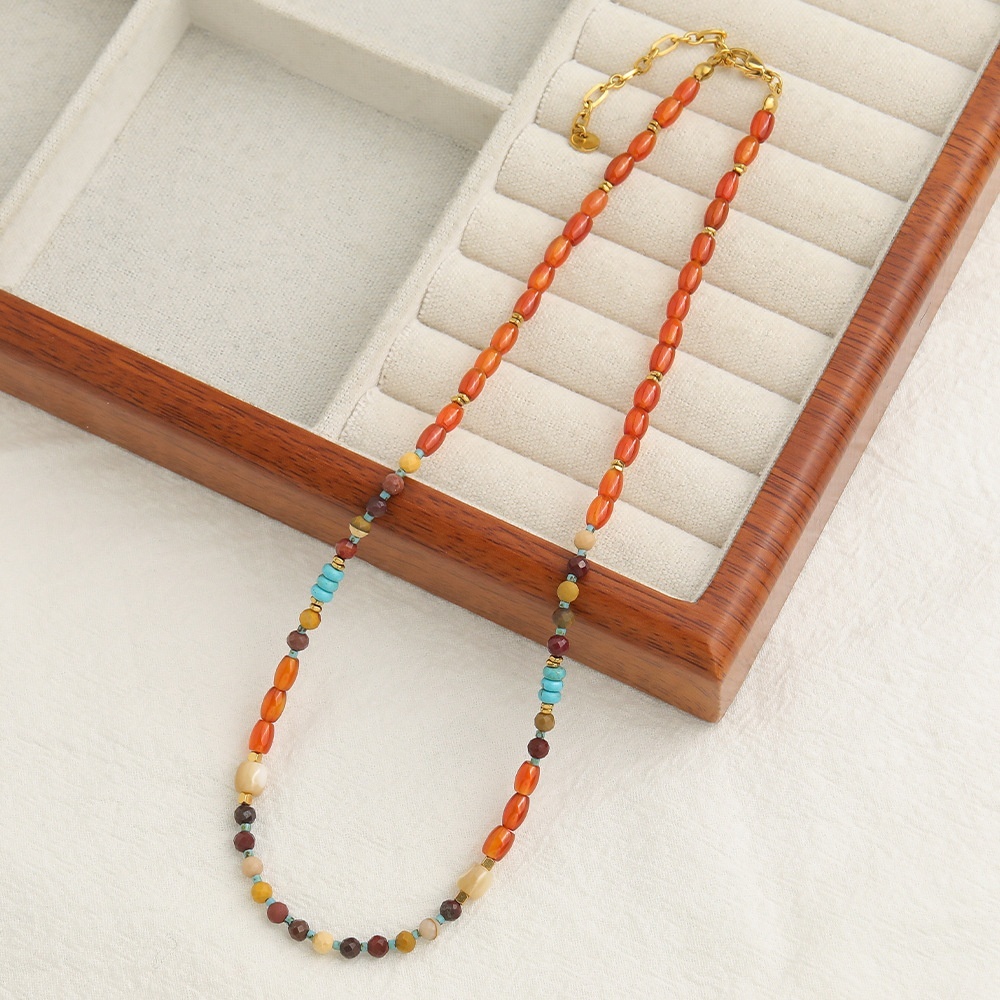 Natural Stone Agate Necklace Women's Hanfu Accessories New Chinese Style Sweater Chain Geometric Pattern Oval Shape Beads Design