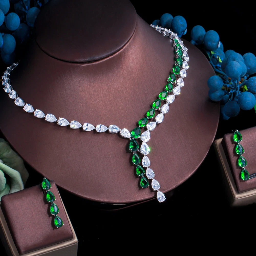 Copper Material Water Plating Simple Two-tone Splicing Water Drop Zircon Women's Necklace Earrings Set Chain Wedding Jewelry Safety Clasp 2-piece Set