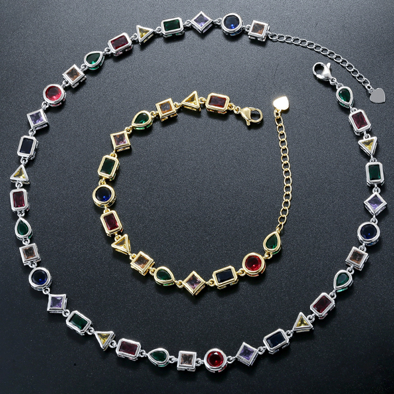 Luxury Personalized Geometric Color Diamond Inlaid Copper Bracelet Necklace Set Elegant Triangular Circular Square Waterdrop Shaped Jewelry Accessories For Women