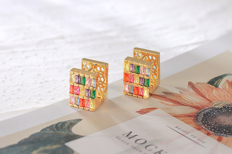 Elegant Geometric Pattern Zircon Earrings Colorful Square Heavy Work Gold Plated Luxury Women's Fashion Jewelry Accessories