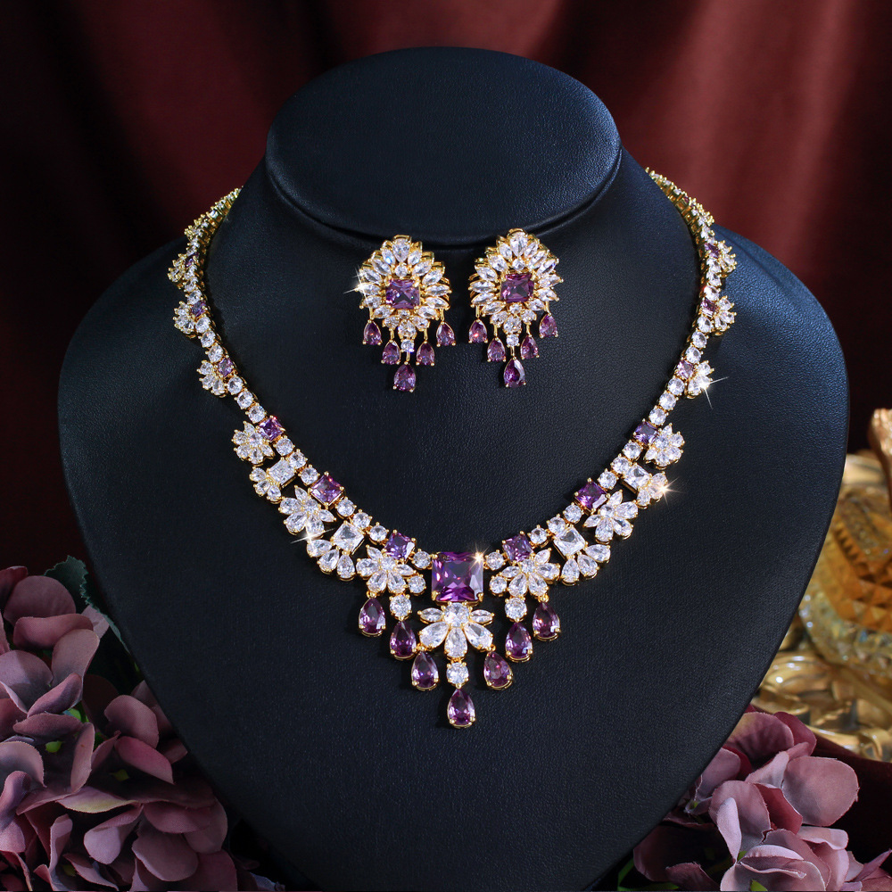 Elegant Copper Wedding Jewelry Set Sparkling Zircon Necklace Earrings Dinner Party Accessories Suitable For Women To Wear On Weddings Or Parties