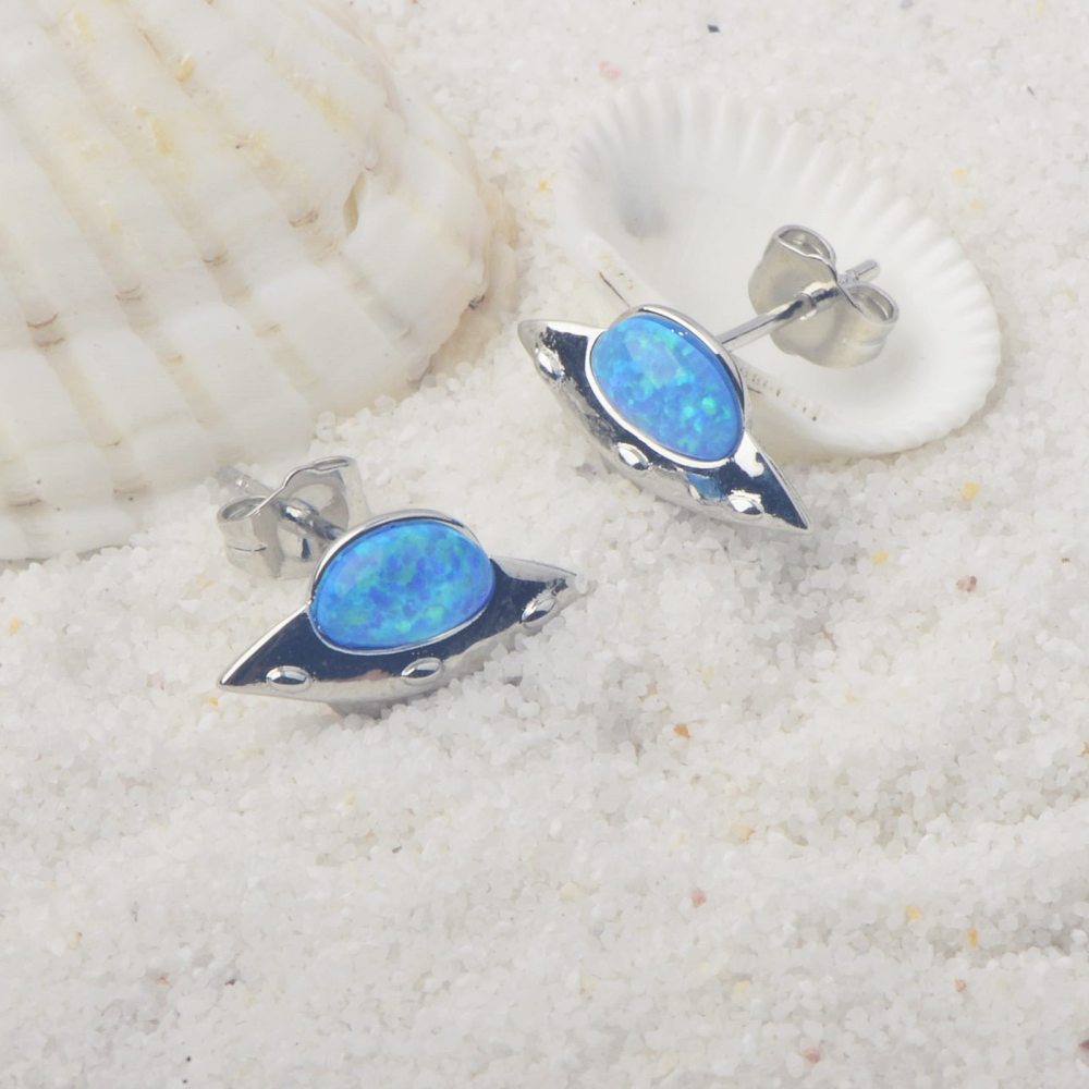 Adorable Girl's Earring Tiktok Hot Sale Flying Saucer Blue Opal Ear Studs Simple Geometric Pattern Copper Jewelry Accessories