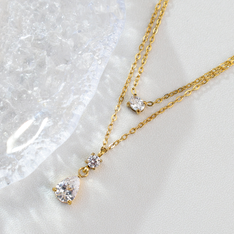 New Smart Water Drop Diamond Necklace Stainless Steel Plated 18K Gold Double Layer Clavicle Chain Autumn And Winter Sweater Coat Accessories