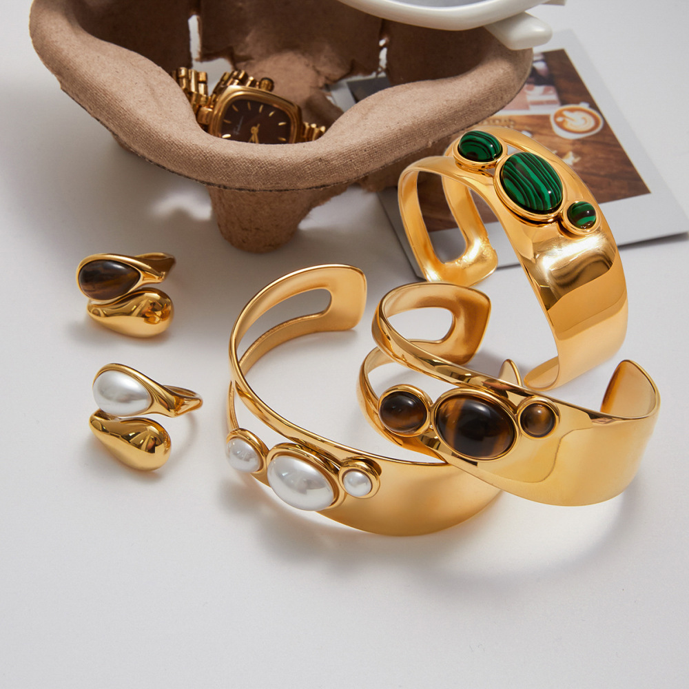 Natural Stone Hollow Titanium Steel Open Bracelet Women Non-Fading Jewelry Stainless Steel Ring Best-selling Accessories