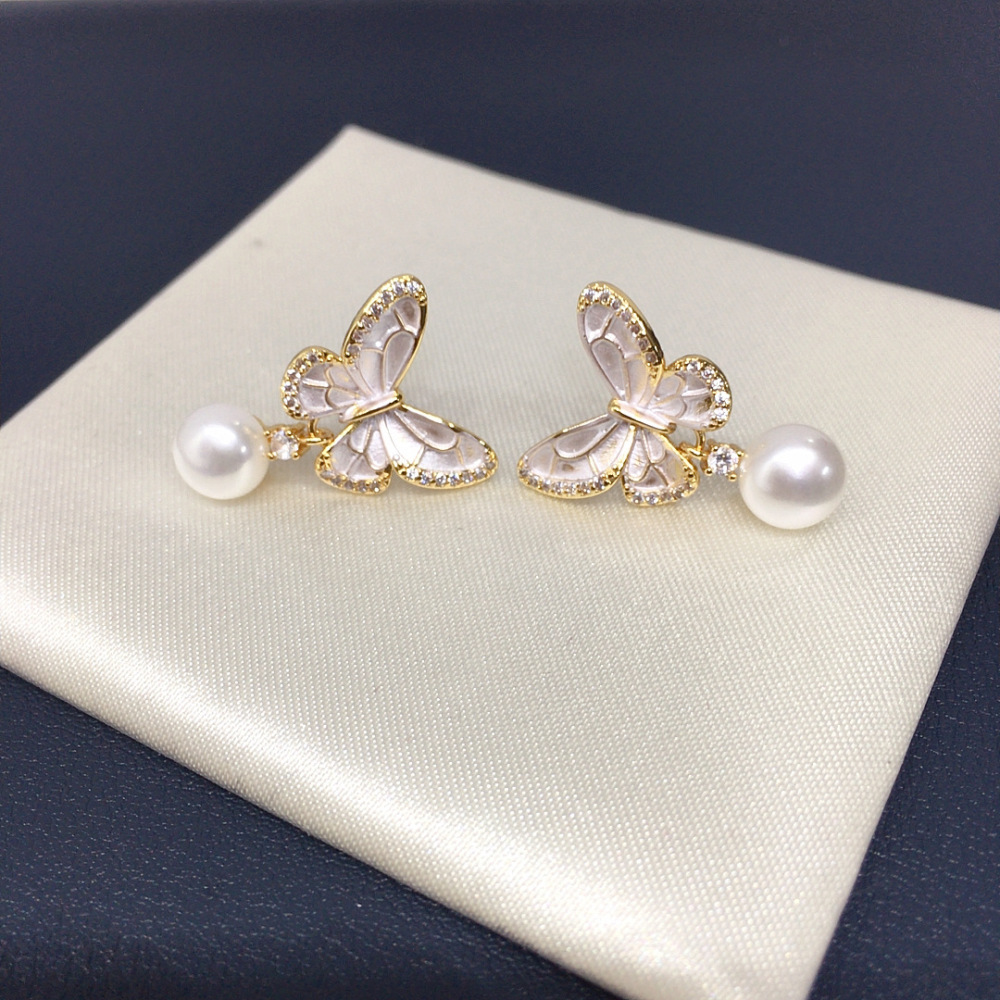 High Quality Natural Freshwater Pearl Earrings Women's Baked Paint Engraved Zircon Butterfly Elegant Jewelry Accessories
