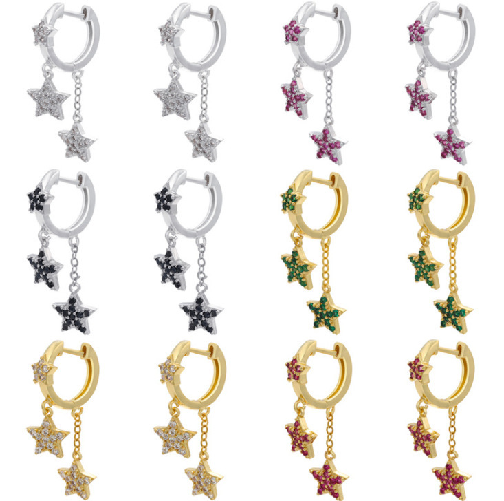 New Micro-inlaid Star Earrings Long Five-pointed Star Tassel Earrings Colored Copper Zircon Jewelry Accessories