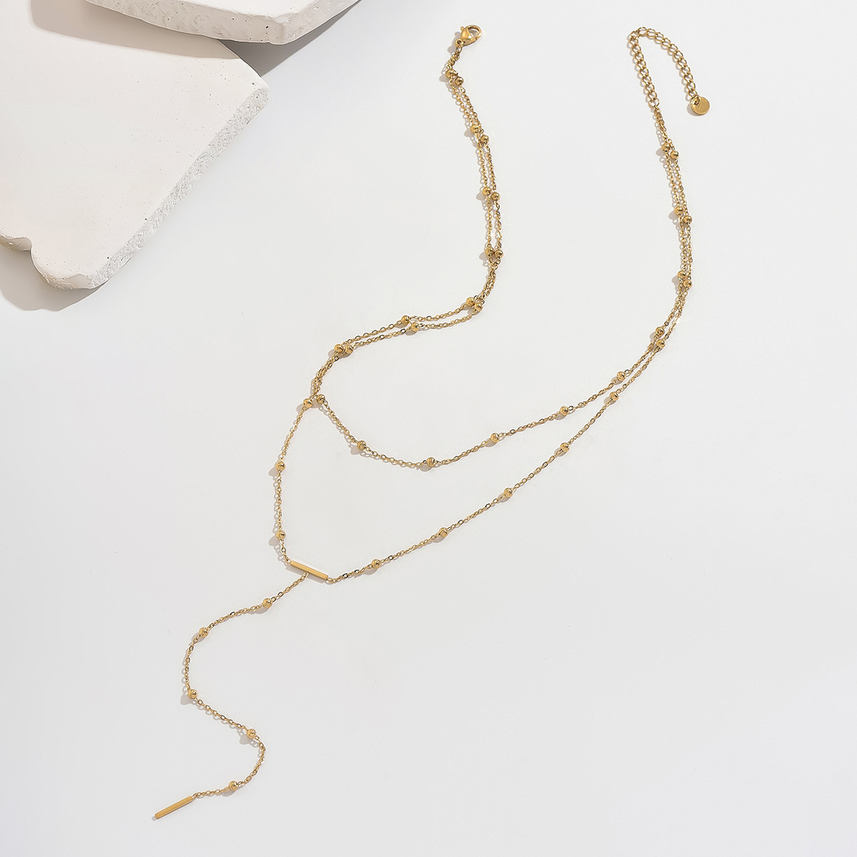 14K Real Gold Plated Vacuum Electroplating (In Furnace) Simple 304 Stainless Steel Y-shaped Small Round Ball Necklace Double Layer Stacked Tassel Round Cable Chain/Cross Chain/O-shaped Chain