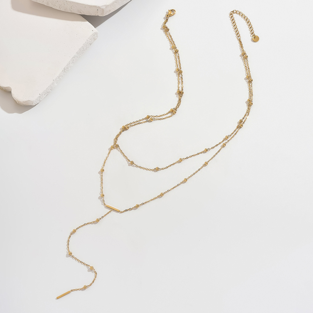 14K Real Gold Plated Vacuum Electroplating (In Furnace) Simple 304 Stainless Steel Y-shaped Small Round Ball Necklace Double Layer Stacked Tassel Round Cable Chain/Cross Chain/O-shaped Chain