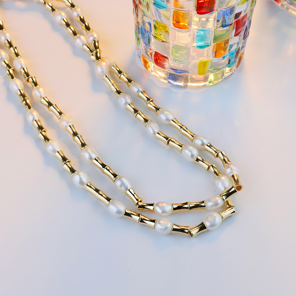 Natural Freshwater Pearl Necklace Bracelet Set Metal Double Layer Bamboo Node High-End Jewelry Accessories For Women