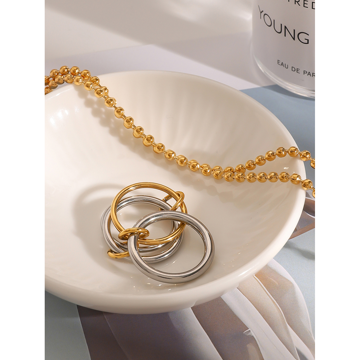 304 Stainless Steel Round PVD Coated 18K Real Gold Plated Classic Style Mixed Metal Rings