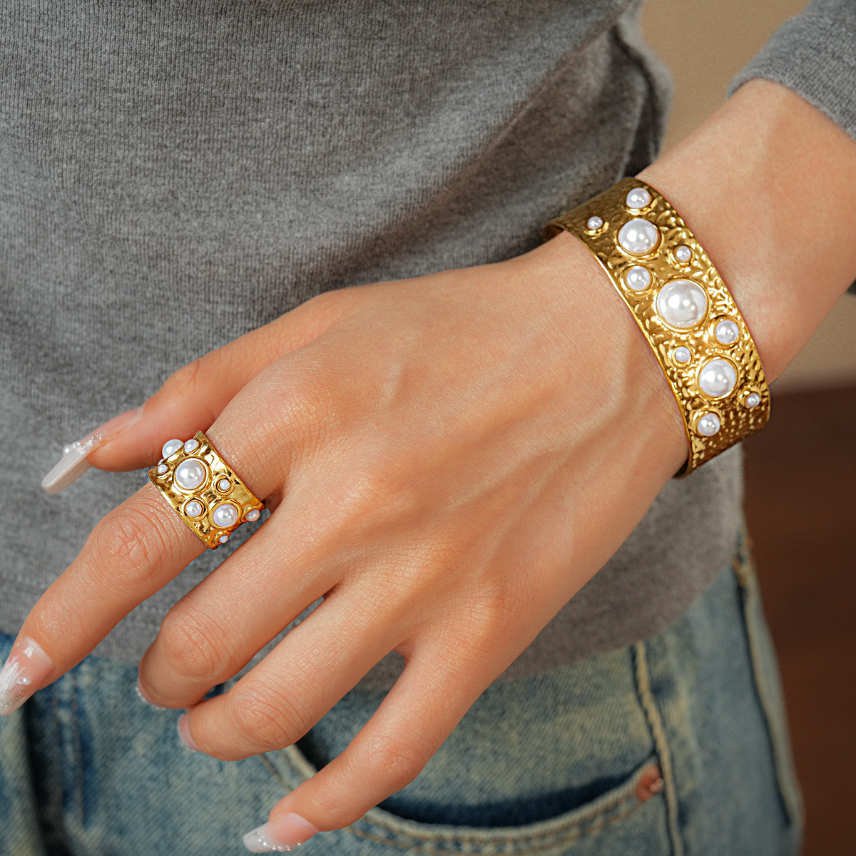 304 Stainless Steel Pearl Shell Starfish Open Ring Bracelet Beach Vacation Style Handmade Jewelry Accessories Flower Jewelry Set