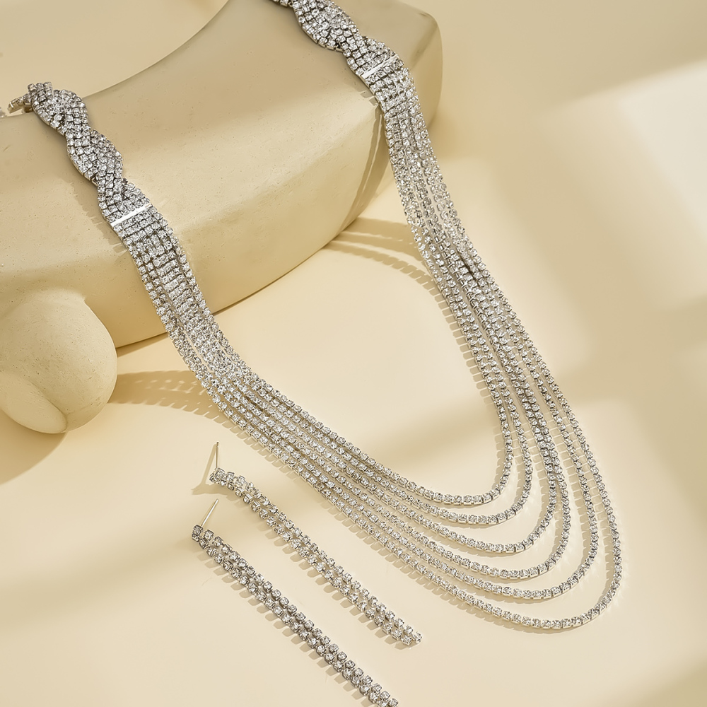 2-Piece Copper Inlaid Rhinestone Vintage Light Luxury Sparkling Tassel Necklace Chain Earrings Women's Banquet Party Jewelry Accessories