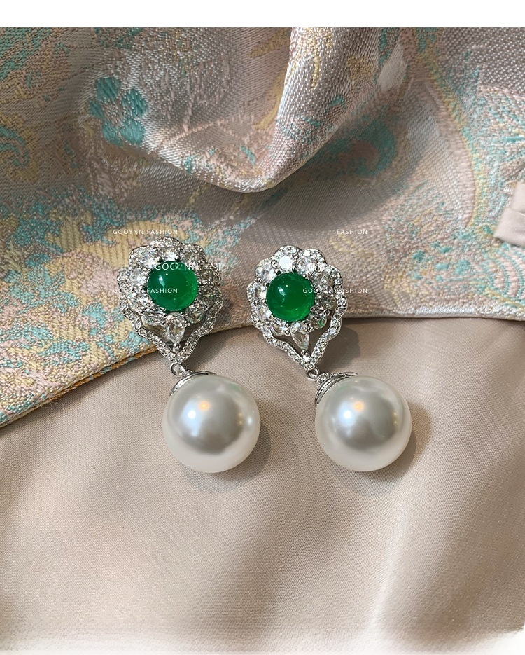 Natural Green Agate Pearl Drop Earrings Women's Luxury Unique Design High-End Sensation Court Style Jewelry Accessories
